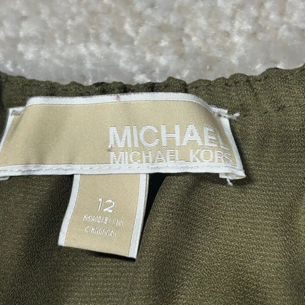 Michael Kors Dress Womens 12 Olive Green Long Sleeve Printed Tassel Tie Boho